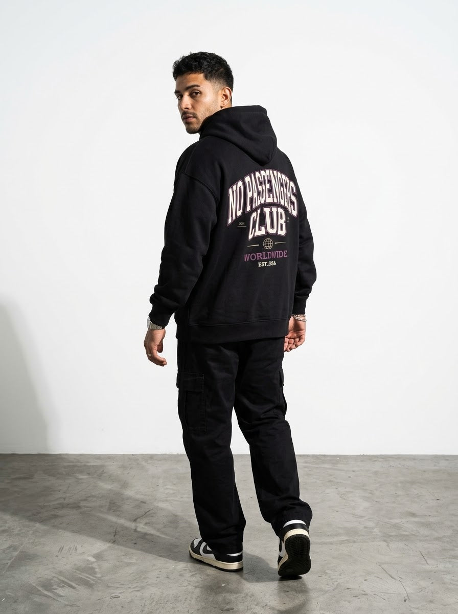 NO PASSENGERS UNIVERSITY Relaxed Black Hoodie