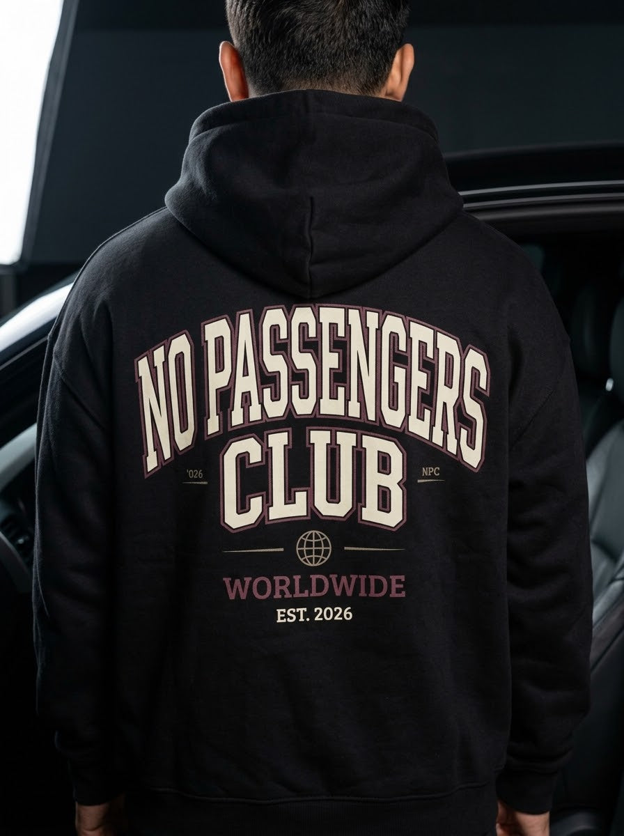 NO PASSENGERS UNIVERSITY Relaxed Black Hoodie