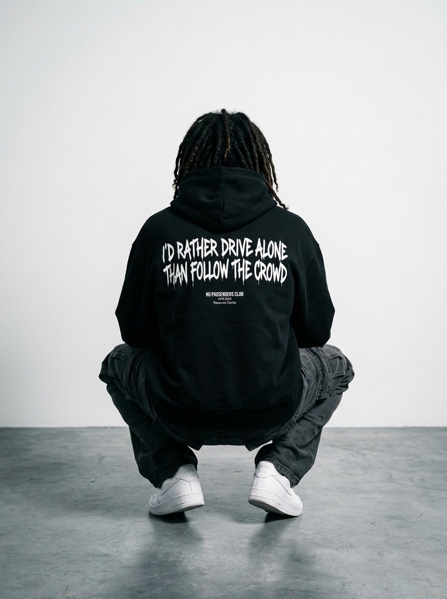 DRIVE ALONE Relaxed Black Hoodie